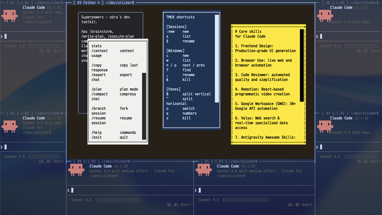 sticker0 running in a terminal — multiple colorful sticky notes on a dark board